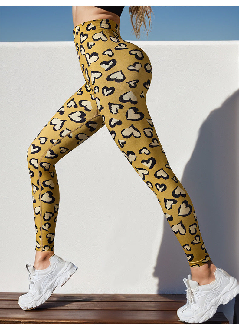 Cross-border seamless love leopard print high waist peach hip fitness sports trousers breathable yoga pants