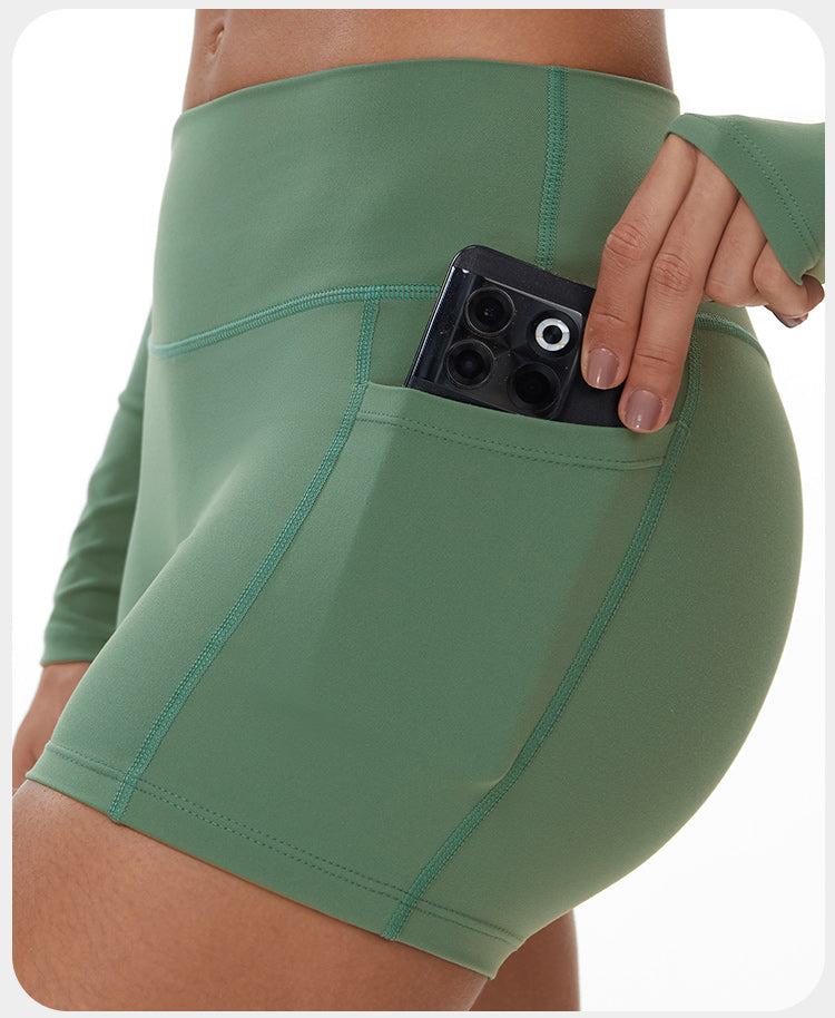 Brushed Tight Pocket Yoga Shorts Elastic High Waist Peach Hip Lift Running Fitness Shorts