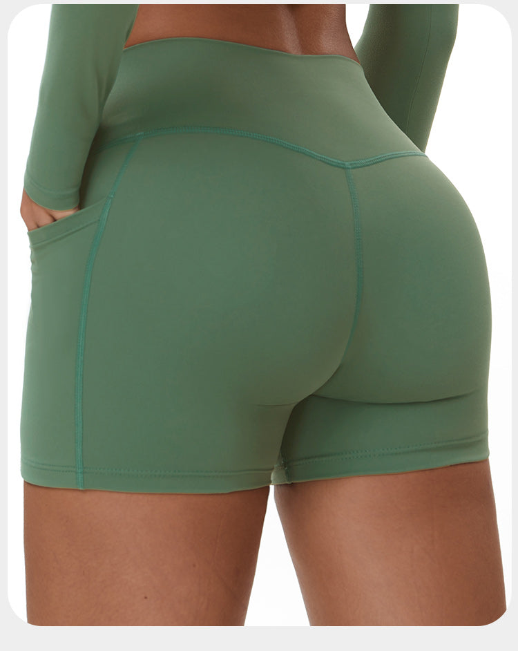Brushed Tight Pocket Yoga Shorts Elastic High Waist Peach Hip Lift Running Fitness Shorts