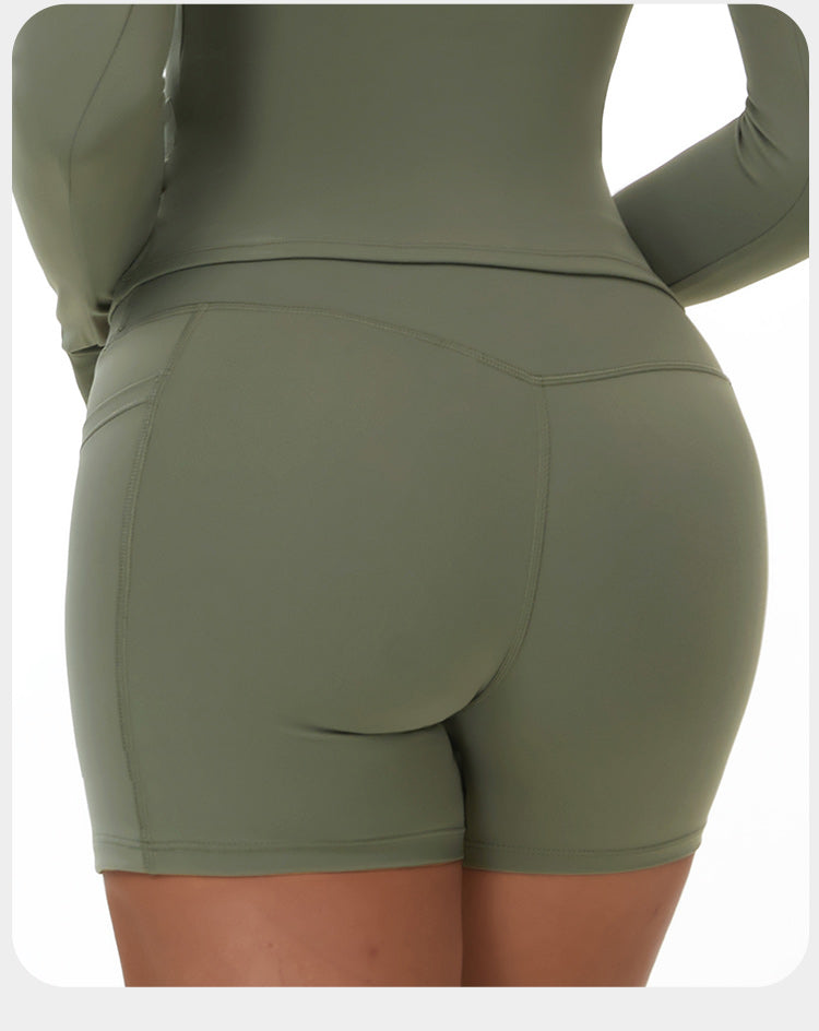 Brushed Tight Pocket Yoga Shorts Elastic High Waist Peach Hip Lift Running Fitness Shorts