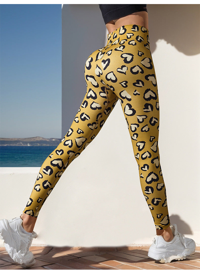 Cross-border seamless love leopard print high waist peach hip fitness sports trousers breathable yoga pants