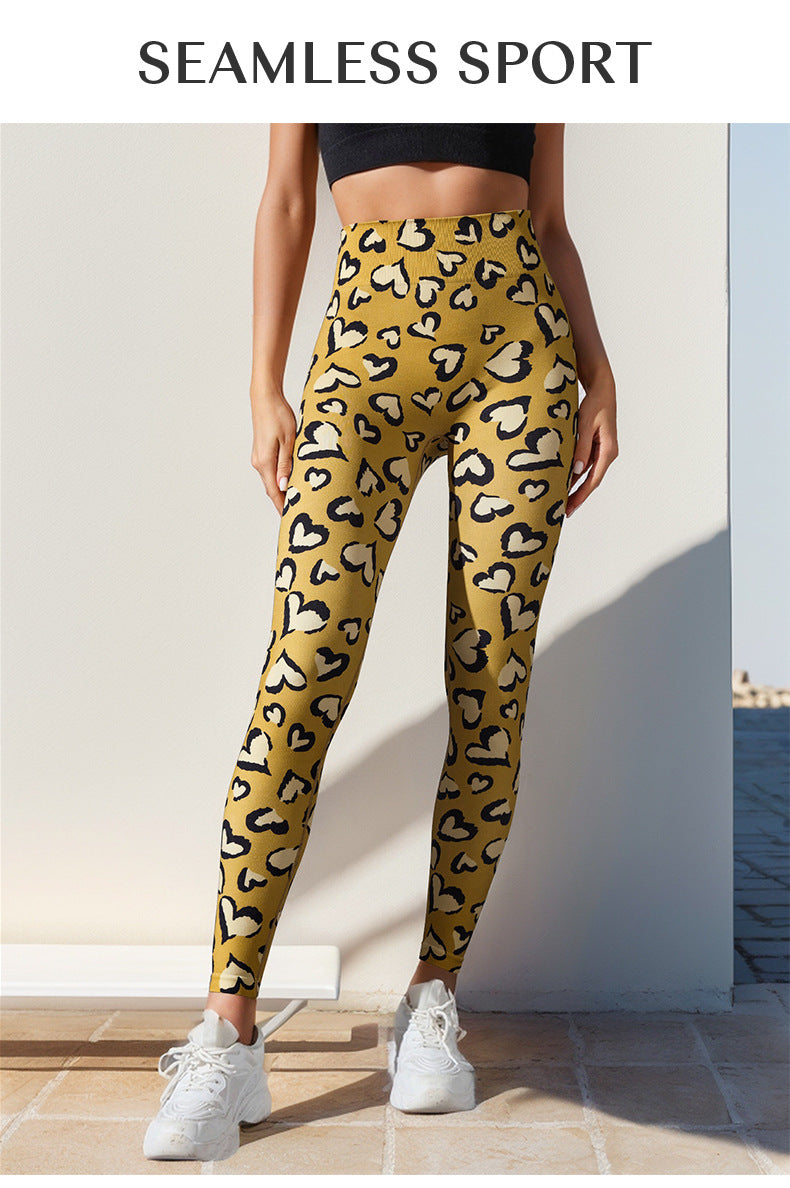 Cross-border seamless love leopard print high waist peach hip fitness sports trousers breathable yoga pants
