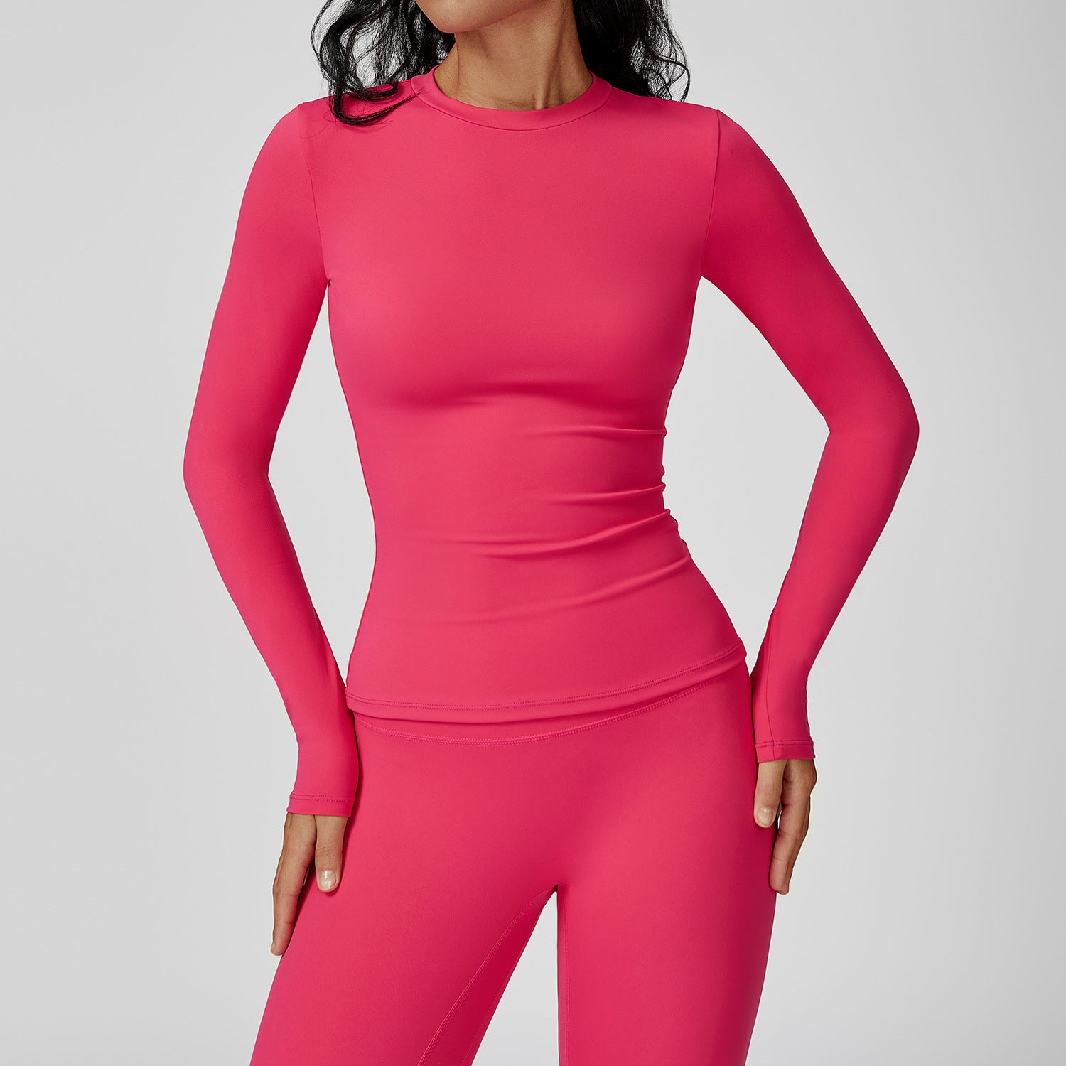 Brushed long-sleeved yoga suit round neck slim fitness suit outdoor running sports long-sleeved T-shirt