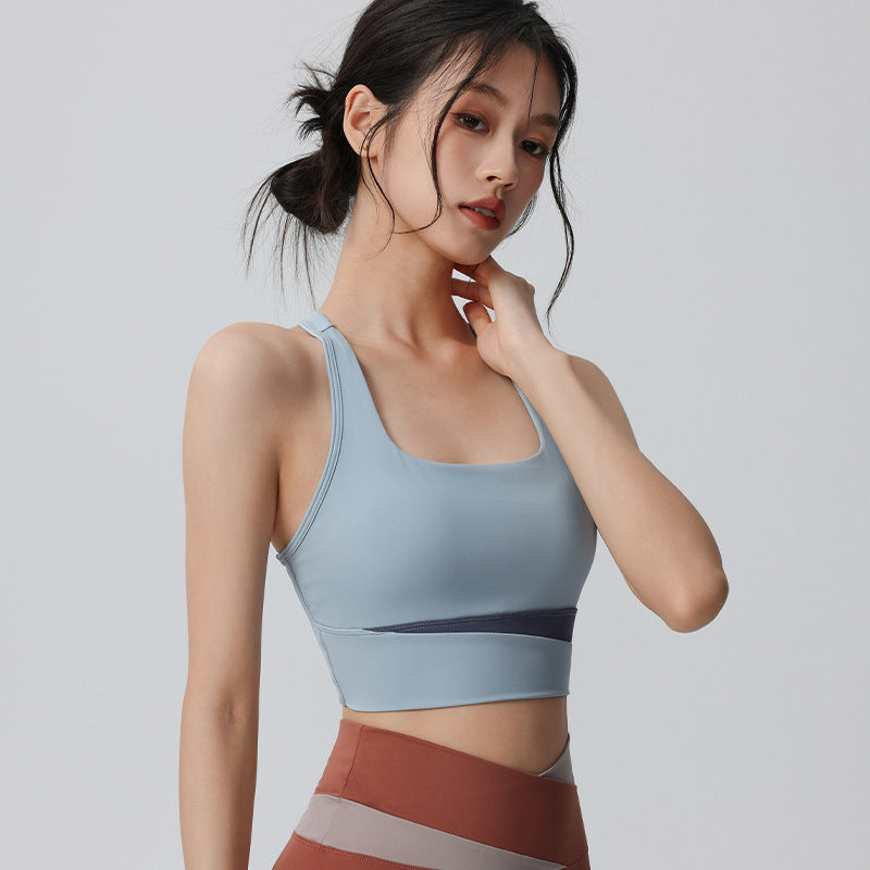 I-shaped sports bra splicing shockproof gathering yoga tops sports outdoor yoga clothes women's running sports vests