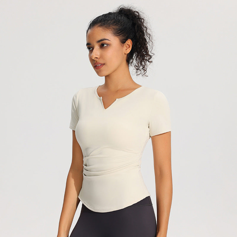 Fixed Cup Sports T-shirt Women's Tight Slim V-neck Yoga Clothes Tops Sports Outdoor Quick-drying Breathable Fitness Short Sleeves
