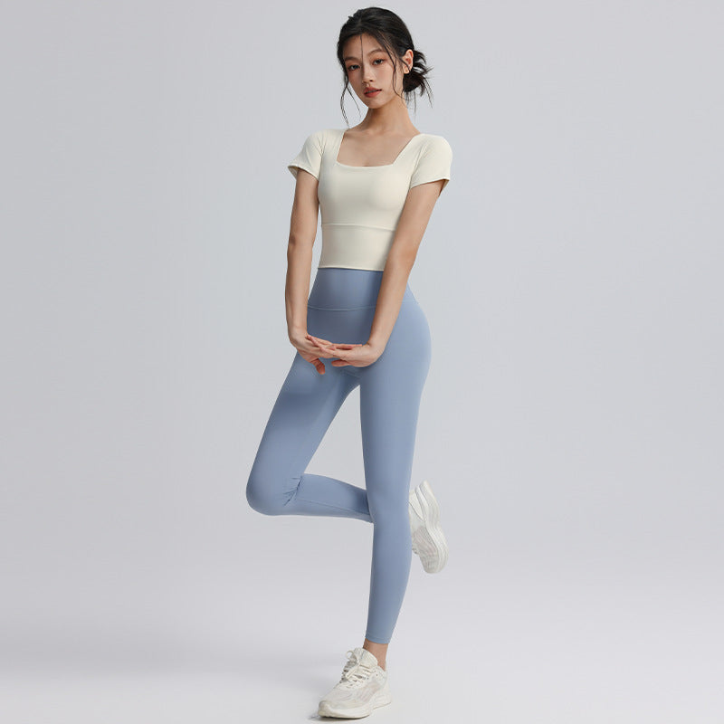 Fixed cup sports tops for women, elastic tights, slimming short yoga T-shirts, quick-drying, breathable running and fitness short sleeves