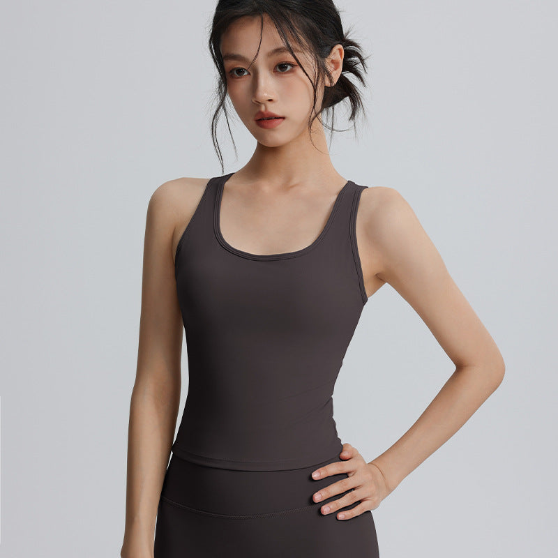 High-intensity sports top with chest pads for shockproof gathered vest, slimming and fit, running, fitness and yoga tops