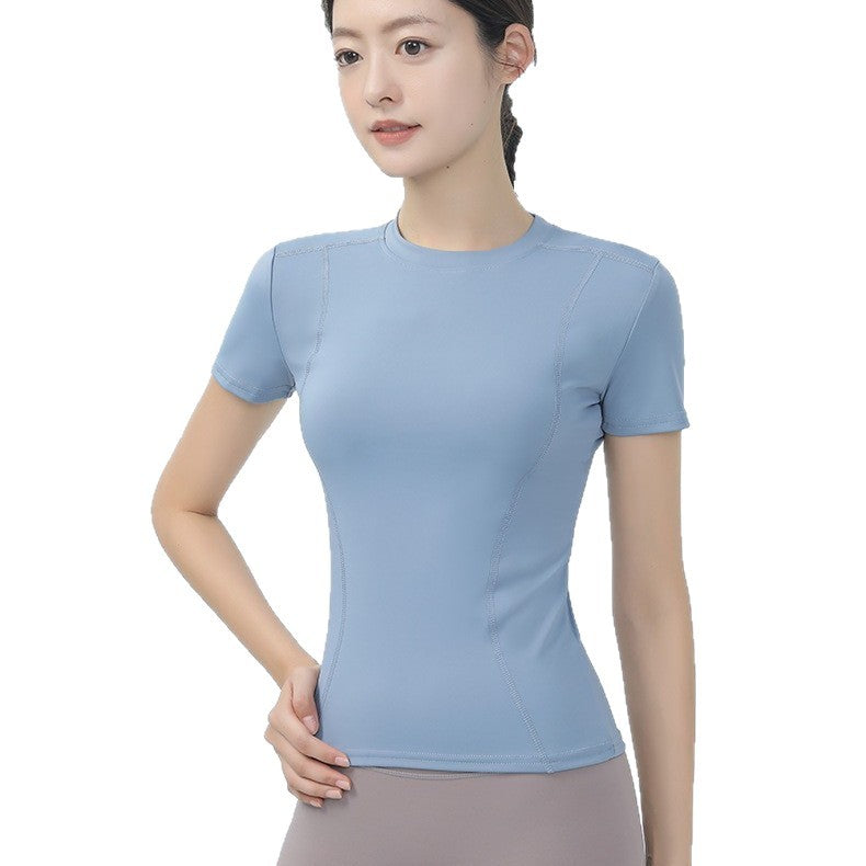 Women's yoga clothes, short sleeves, tight slimming fitness tops, nude high elasticity sports running T-shirts, Pilates fitness clothes