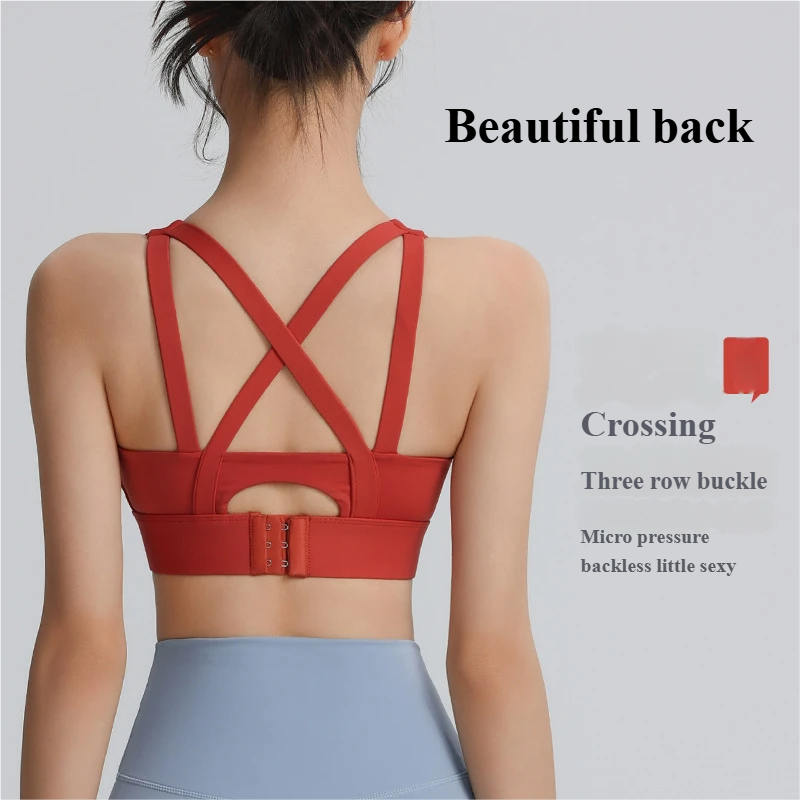 Cross beautiful back sports bra with chest pad high-strength shockproof gathering yoga bra running training fitness top