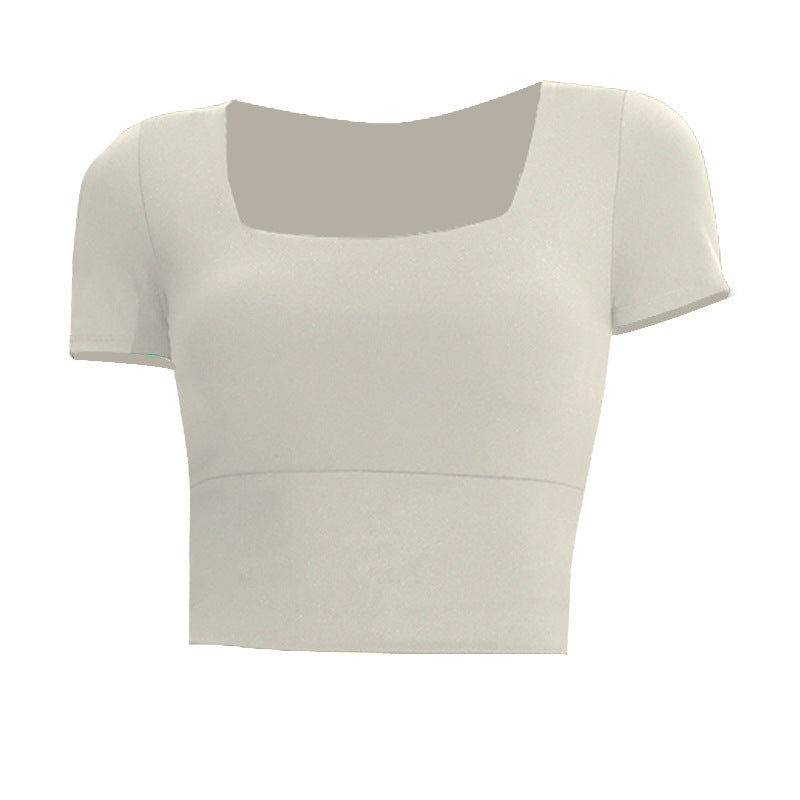 Fixed cup sports tops for women, elastic tights, slimming short yoga T-shirts, quick-drying, breathable running and fitness short sleeves
