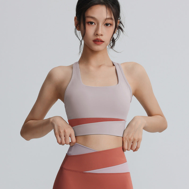 I-shaped sports bra splicing shockproof gathering yoga tops sports outdoor yoga clothes women's running sports vests