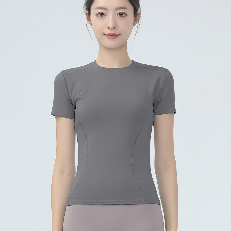 Women's yoga clothes, short sleeves, tight slimming fitness tops, nude high elasticity sports running T-shirts, Pilates fitness clothes