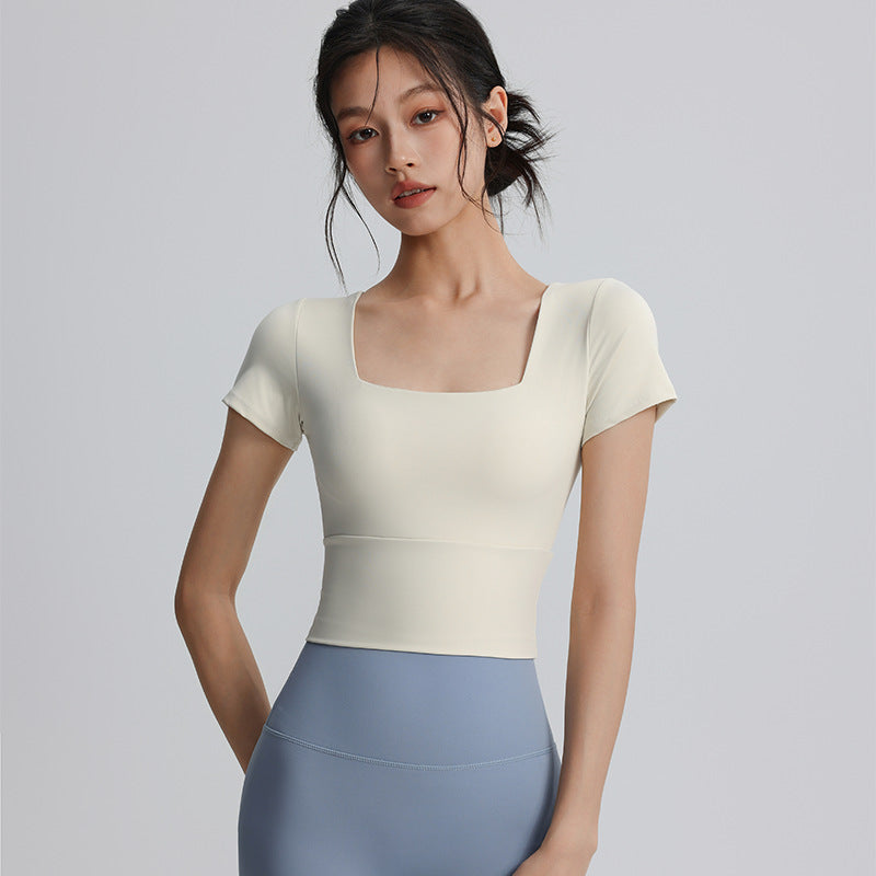 Fixed cup sports tops for women, elastic tights, slimming short yoga T-shirts, quick-drying, breathable running and fitness short sleeves