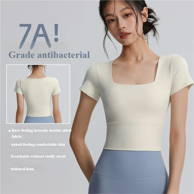 Fixed cup sports tops for women, elastic tights, slimming short yoga T-shirts, quick-drying, breathable running and fitness short sleeves
