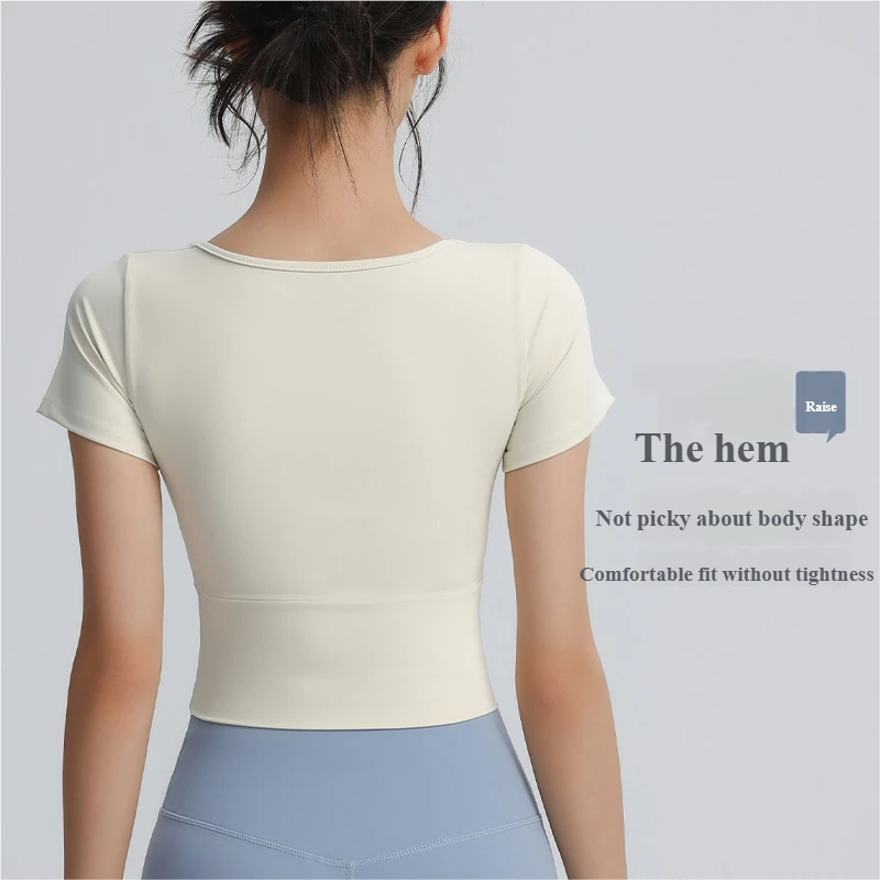 Fixed cup sports tops for women, elastic tights, slimming short yoga T-shirts, quick-drying, breathable running and fitness short sleeves