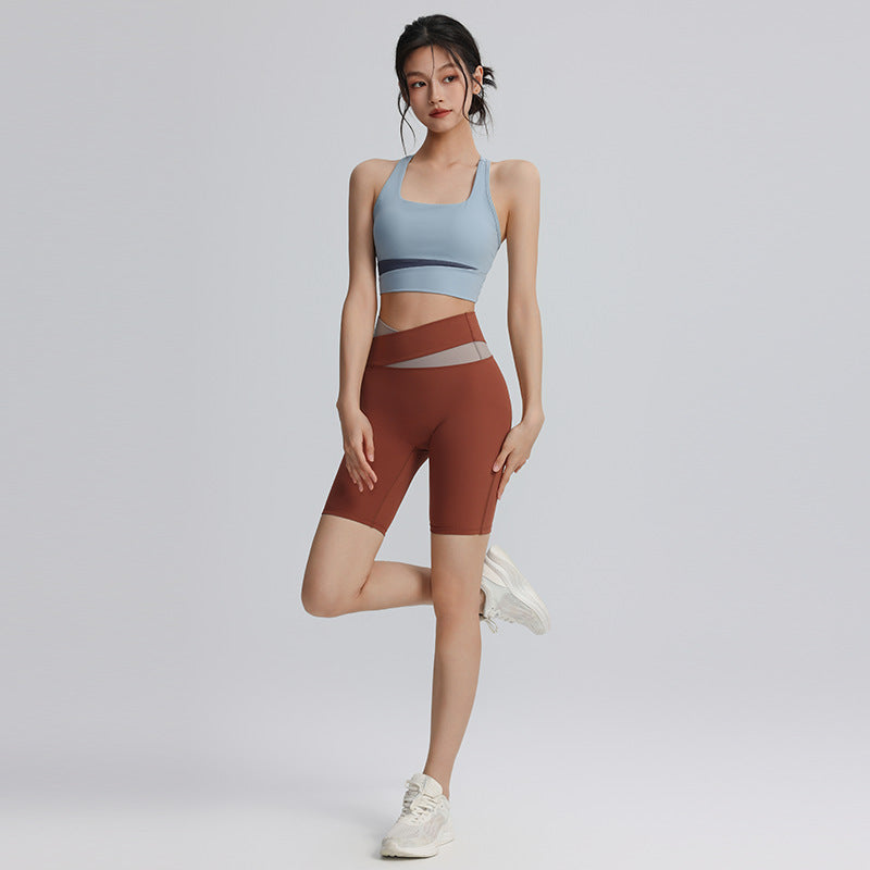 I-shaped sports bra splicing shockproof gathering yoga tops sports outdoor yoga clothes women's running sports vests