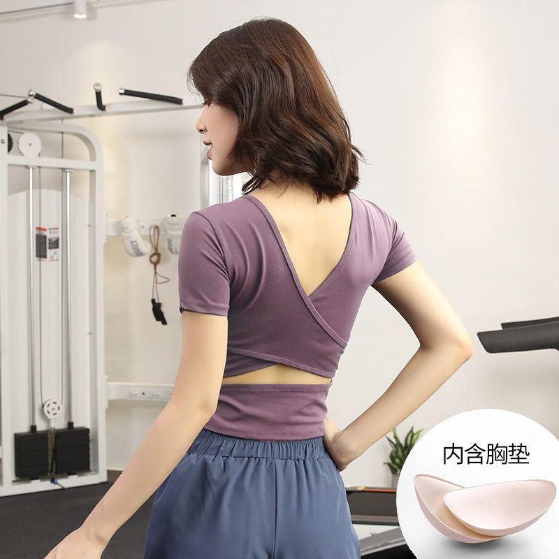 Fitness top with chest pad women's tight stretch slimming quick dry short navel cropping sexy sports running yoga clothes