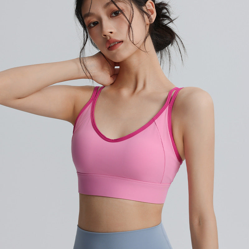 Super fairy contrast color sports bra women's fitness running shock absorption gathered sports bra quick dry outer wear summer yoga clothes