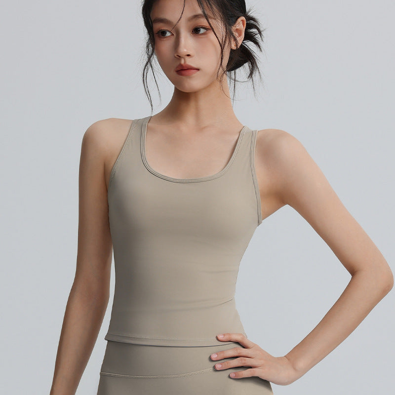 High-intensity sports top with chest pads for shockproof gathered vest, slimming and fit, running, fitness and yoga tops