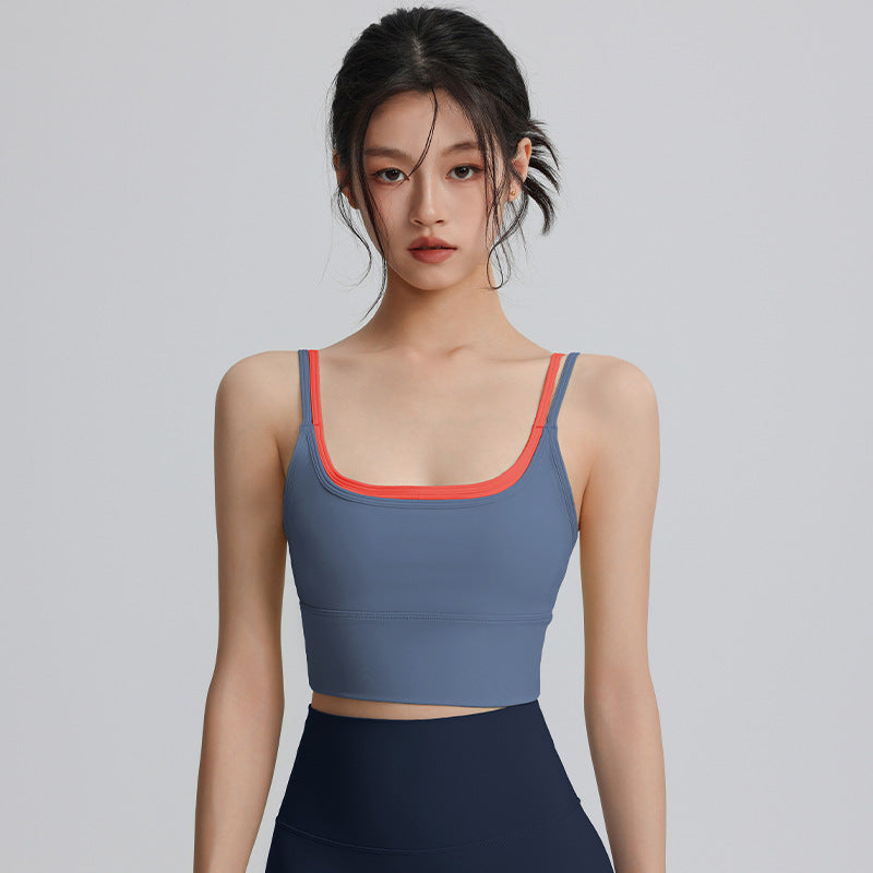 Contrasting Color Sports Underwear Women's Shockproof Gather-up Running Yoga Vest Quick-drying Anti-sagging Outer Wearing Training Fitness Bra