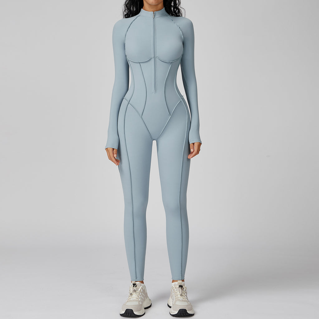 Contrast color stand collar jumpsuit half zip one-piece fitness suit women's high-intensity sports yoga suit