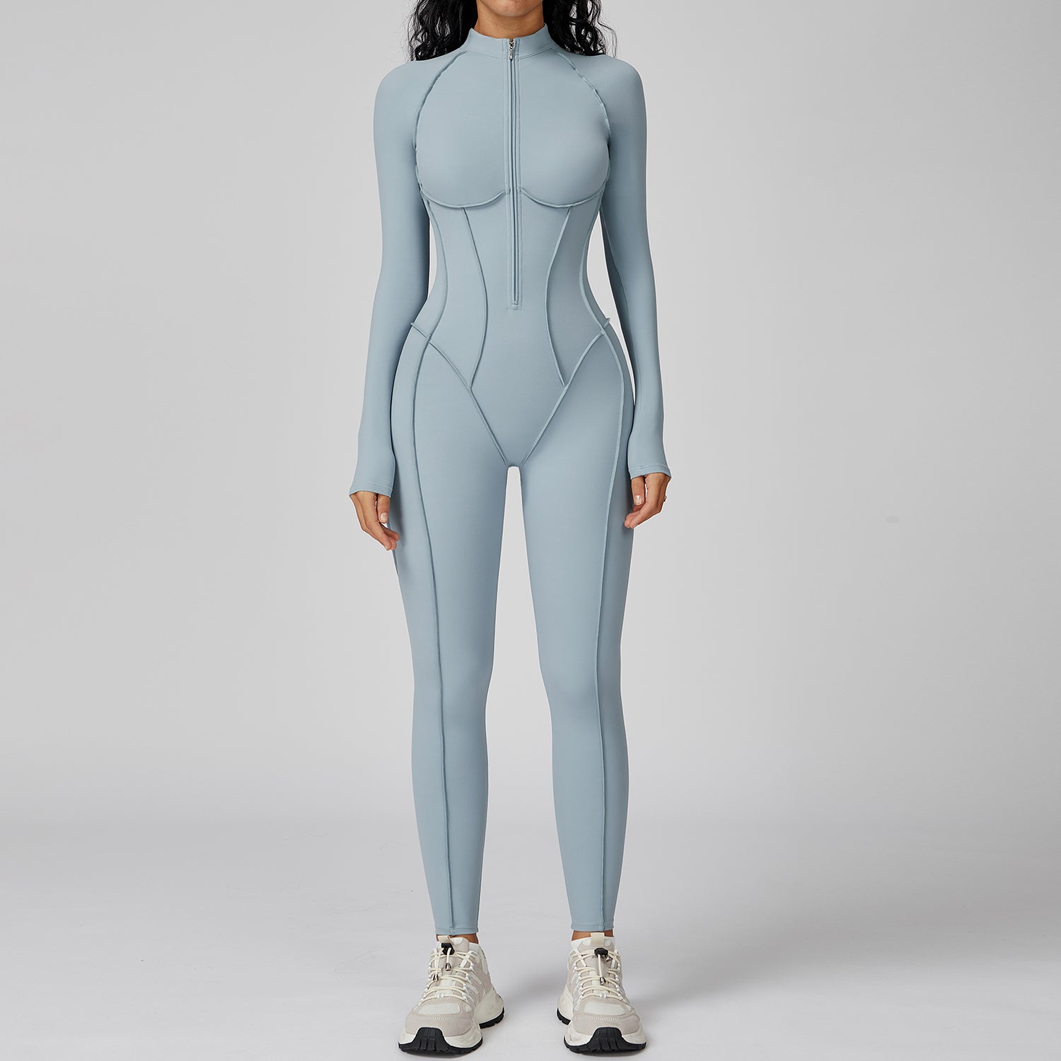 Contrast color stand collar jumpsuit half zip one-piece fitness suit women's high-intensity sports yoga suit