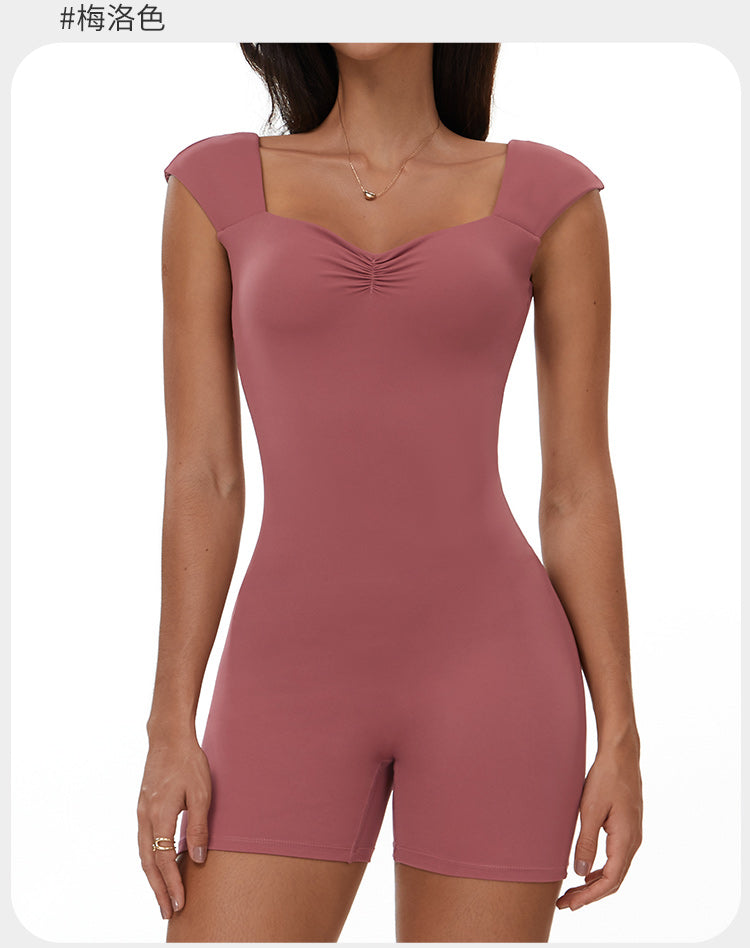 Gathered Hip-Catching Jumpsuit Tight-Fitting Abdomen Yoga Bodysuit Sports Fitness Short-Sleeved Bodysuit