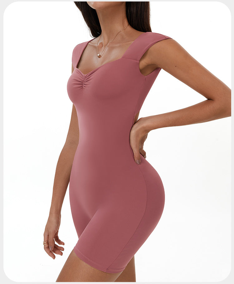 Gathered Hip-Catching Jumpsuit Tight-Fitting Abdomen Yoga Bodysuit Sports Fitness Short-Sleeved Bodysuit