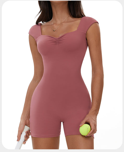 Gathered Hip-Catching Jumpsuit Tight-Fitting Abdomen Yoga Bodysuit Sports Fitness Short-Sleeved Bodysuit