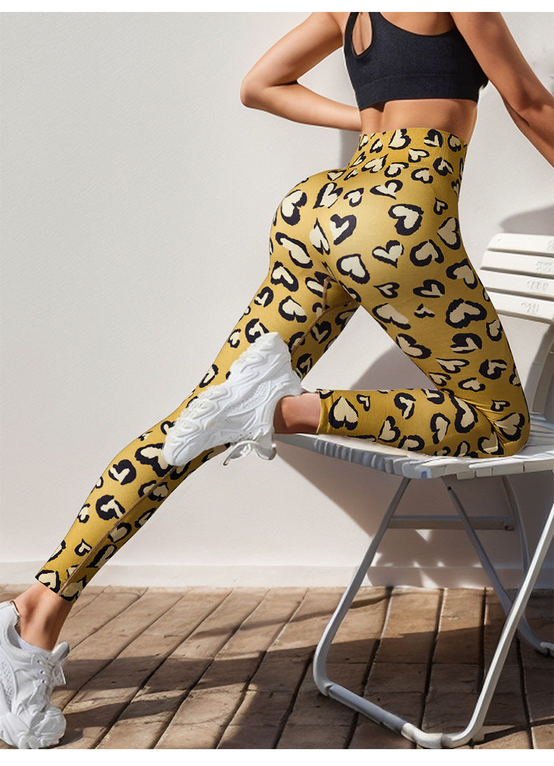 Cross-border seamless love leopard print high waist peach hip fitness sports trousers breathable yoga pants