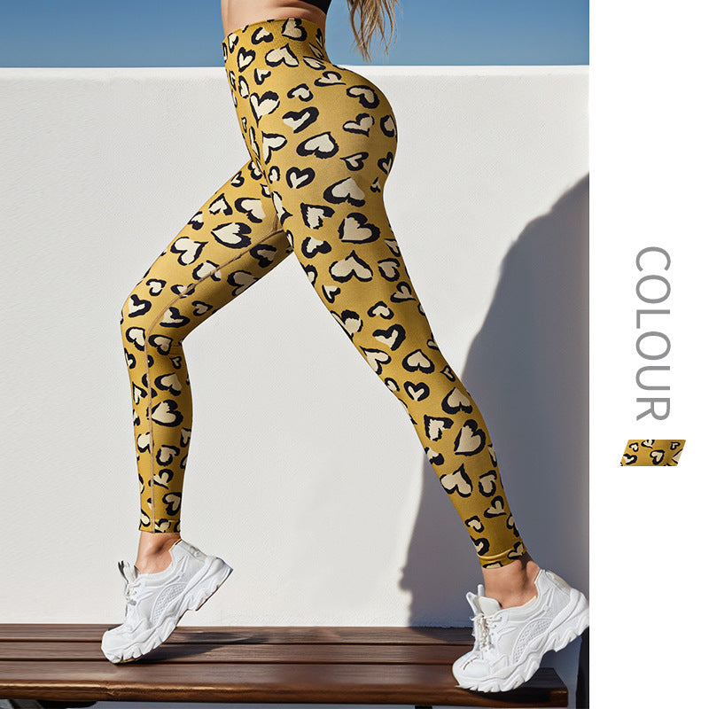 Cross-border seamless love leopard print high waist peach hip fitness sports trousers breathable yoga pants