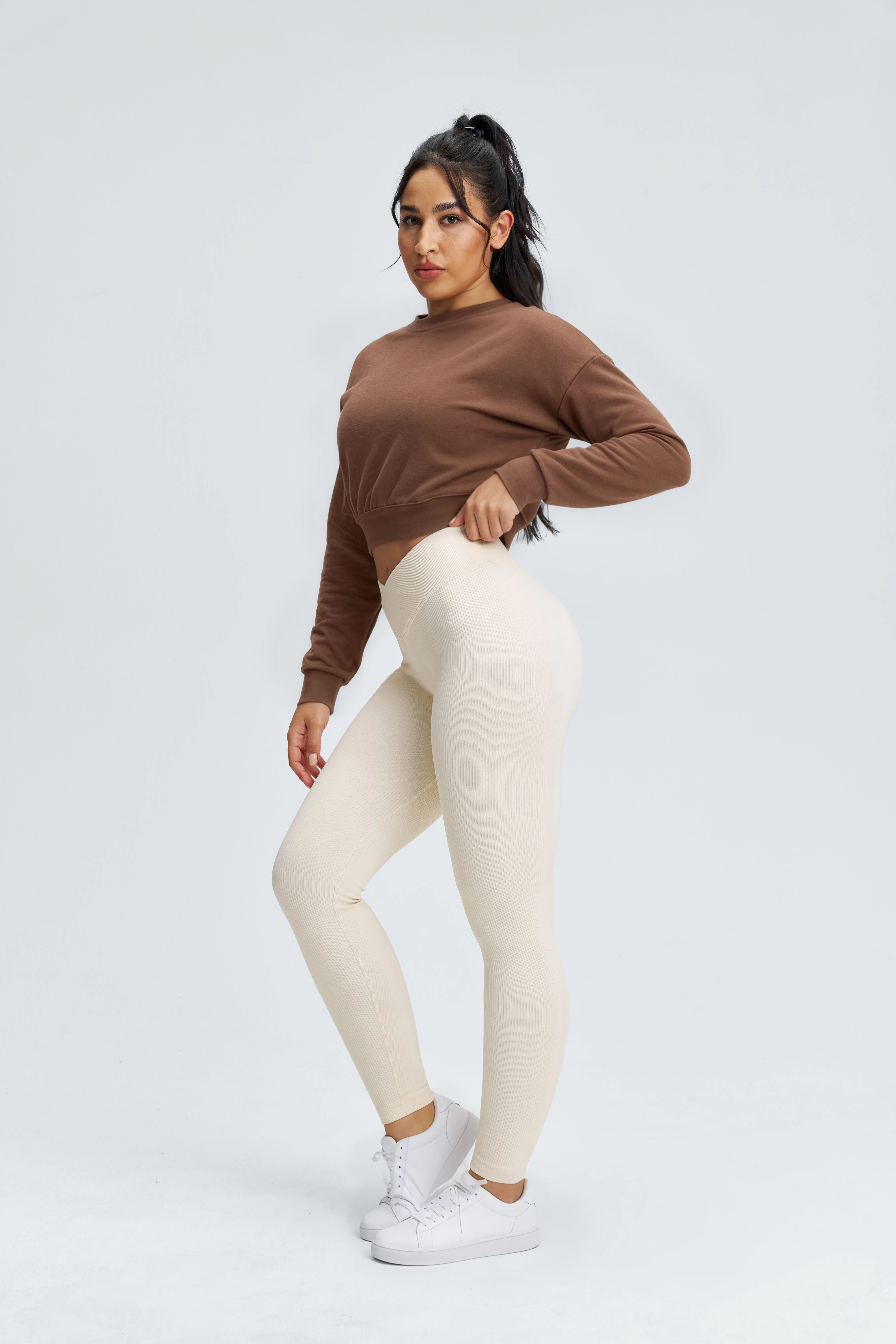 【Pre-sale 】Fameset Basic Crossover High-Waisted Ribbed Yoga Leggings