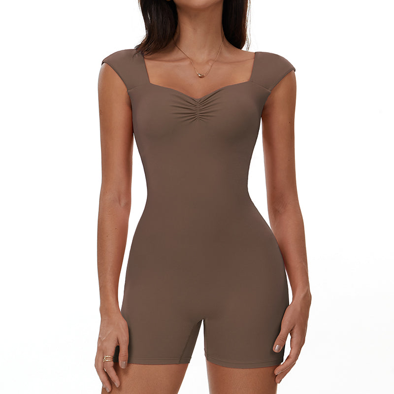 Gathered Hip-Catching Jumpsuit Tight-Fitting Abdomen Yoga Bodysuit Sports Fitness Short-Sleeved Bodysuit