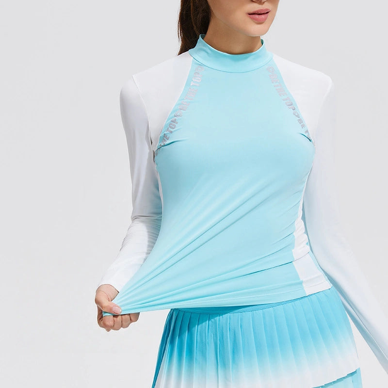 Temperament Golf Sports T-Shirt Women's Half High Neck Long Sleeve Tennis Thin Running Stretch Color Blocking Outdoor Top