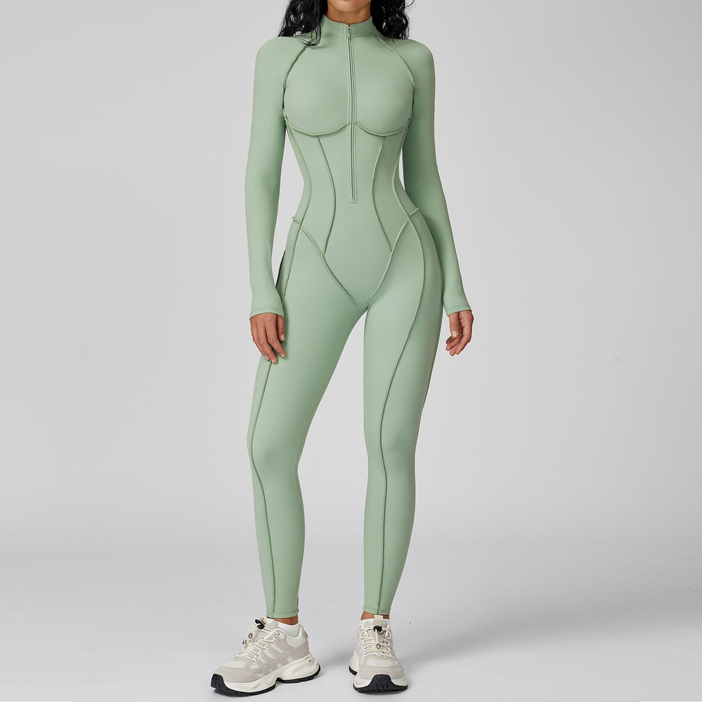 Contrast color stand collar jumpsuit half zip one-piece fitness suit women's high-intensity sports yoga suit