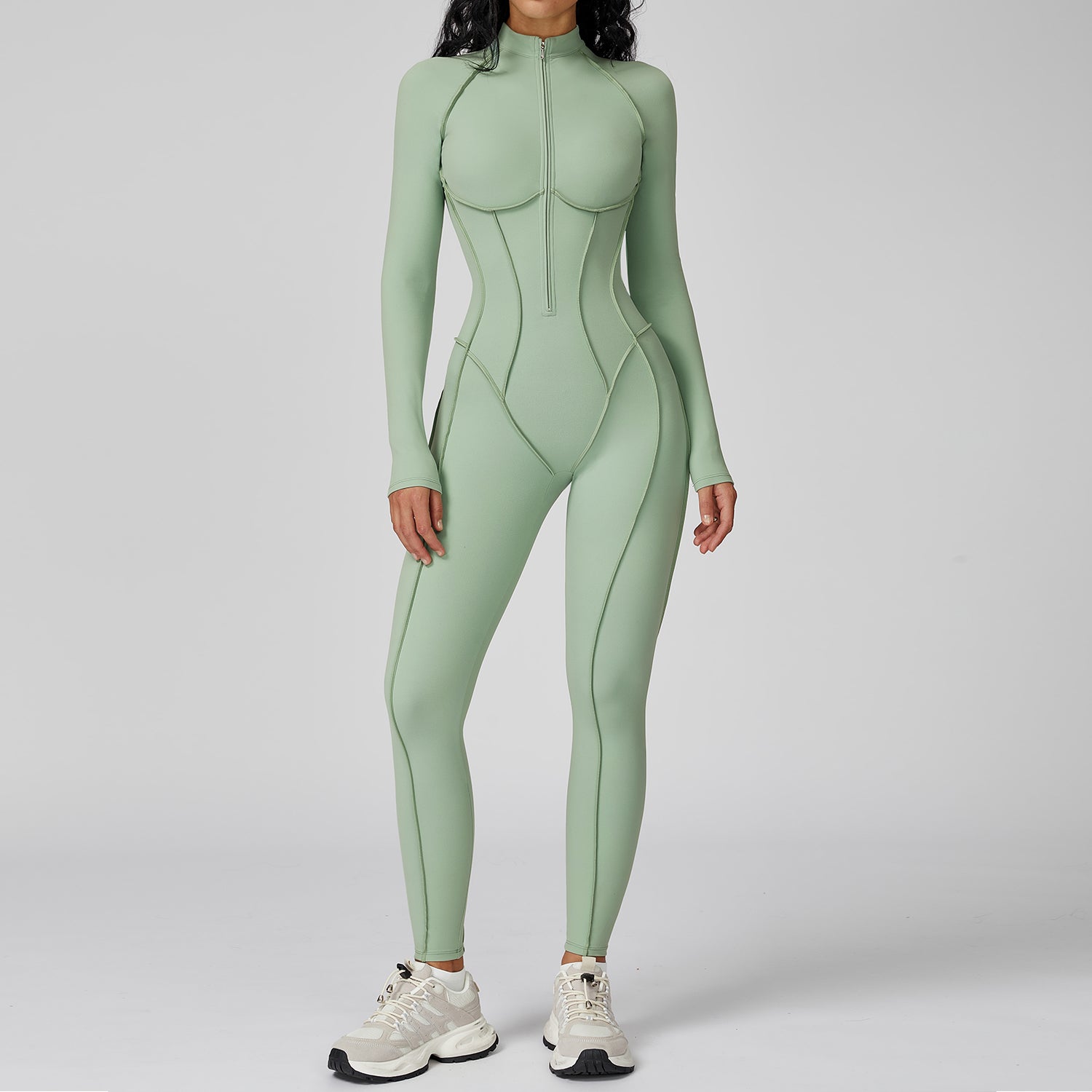 Contrast color stand collar jumpsuit half zip one-piece fitness suit women's high-intensity sports yoga suit