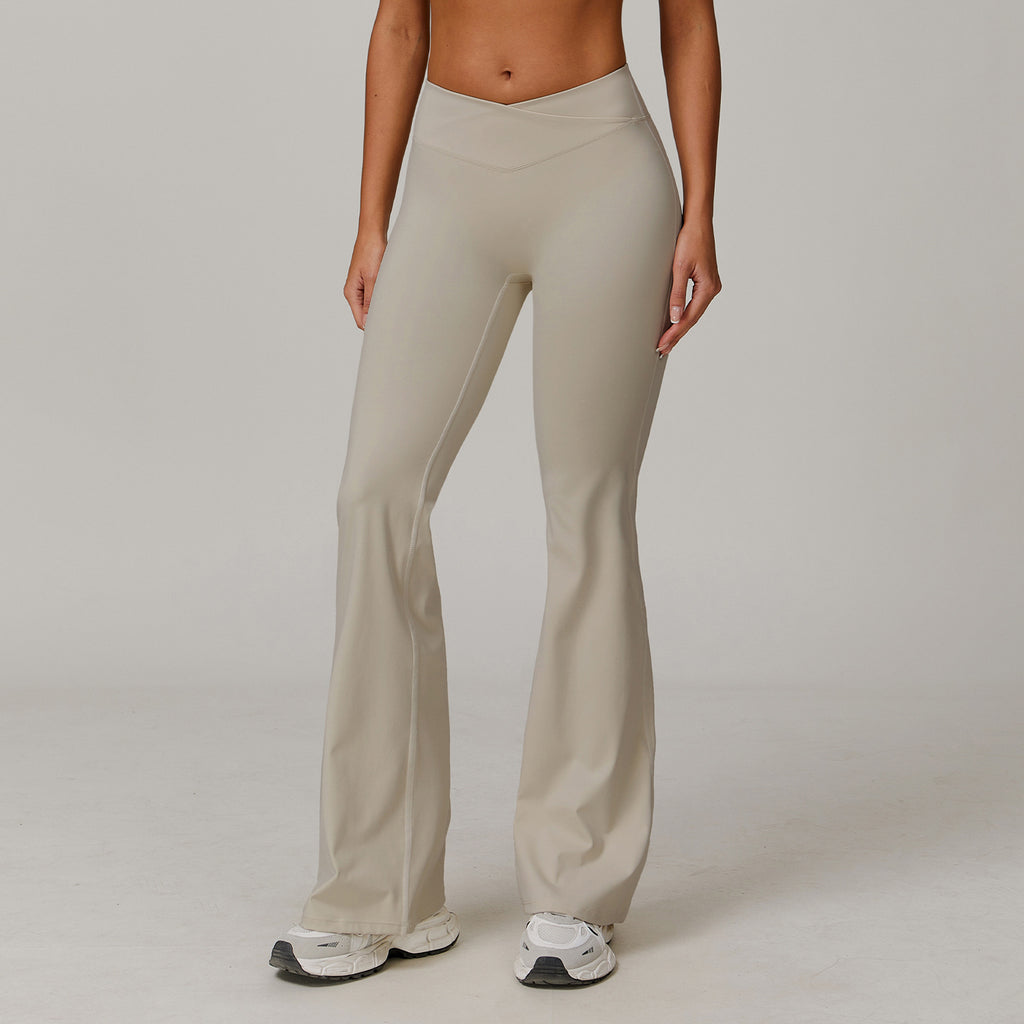 Slightly flared nude yoga pants cross high waist running sports casual tight versatile flared pants for women