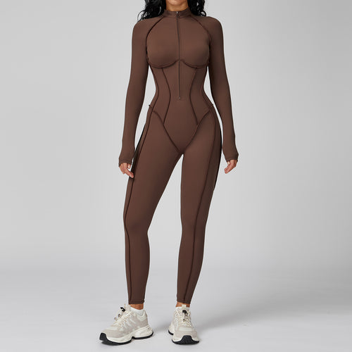 Contrast color stand collar jumpsuit half zip one-piece fitness suit women's high-intensity sports yoga suit