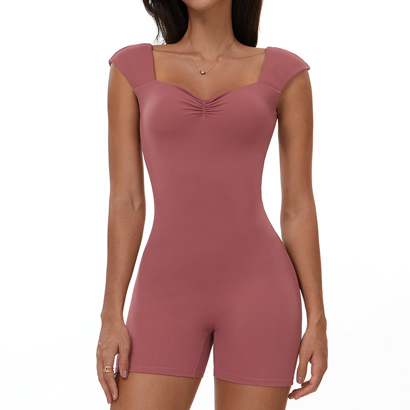 Gathered Hip-Catching Jumpsuit Tight-Fitting Abdomen Yoga Bodysuit Sports Fitness Short-Sleeved Bodysuit