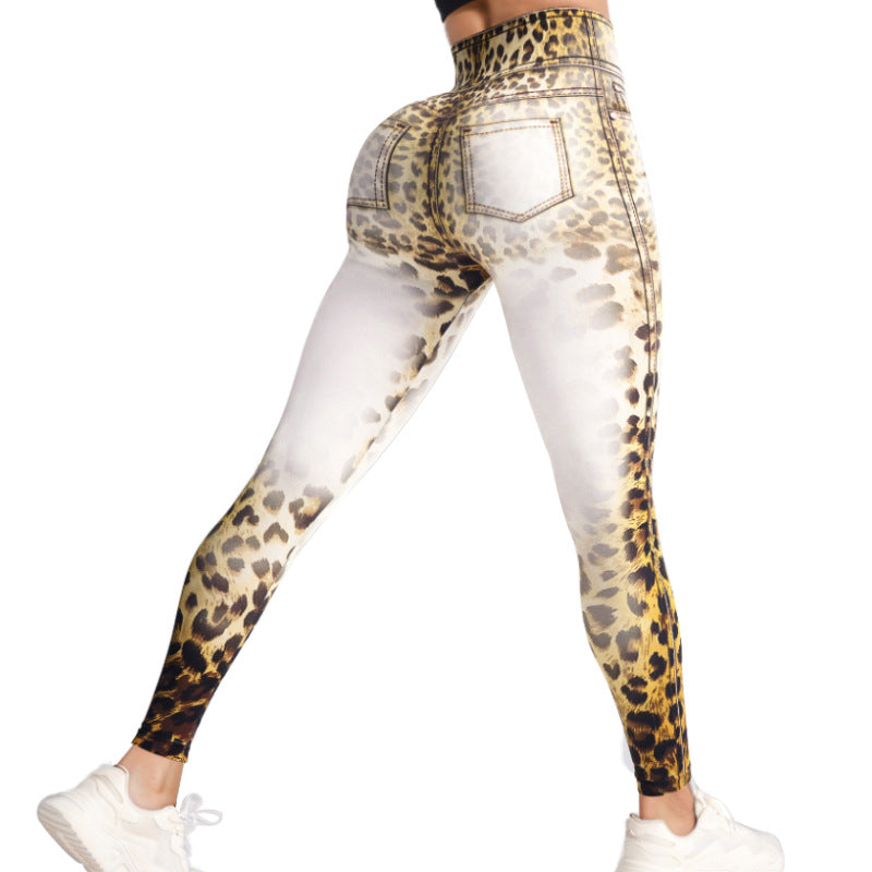 Seamless Bleached Leopard Print High-Waisted Peach Hip Fitness Sports Pants Breathable Yoga Pants