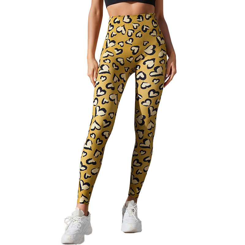Cross-border seamless love leopard print high waist peach hip fitness sports trousers breathable yoga pants