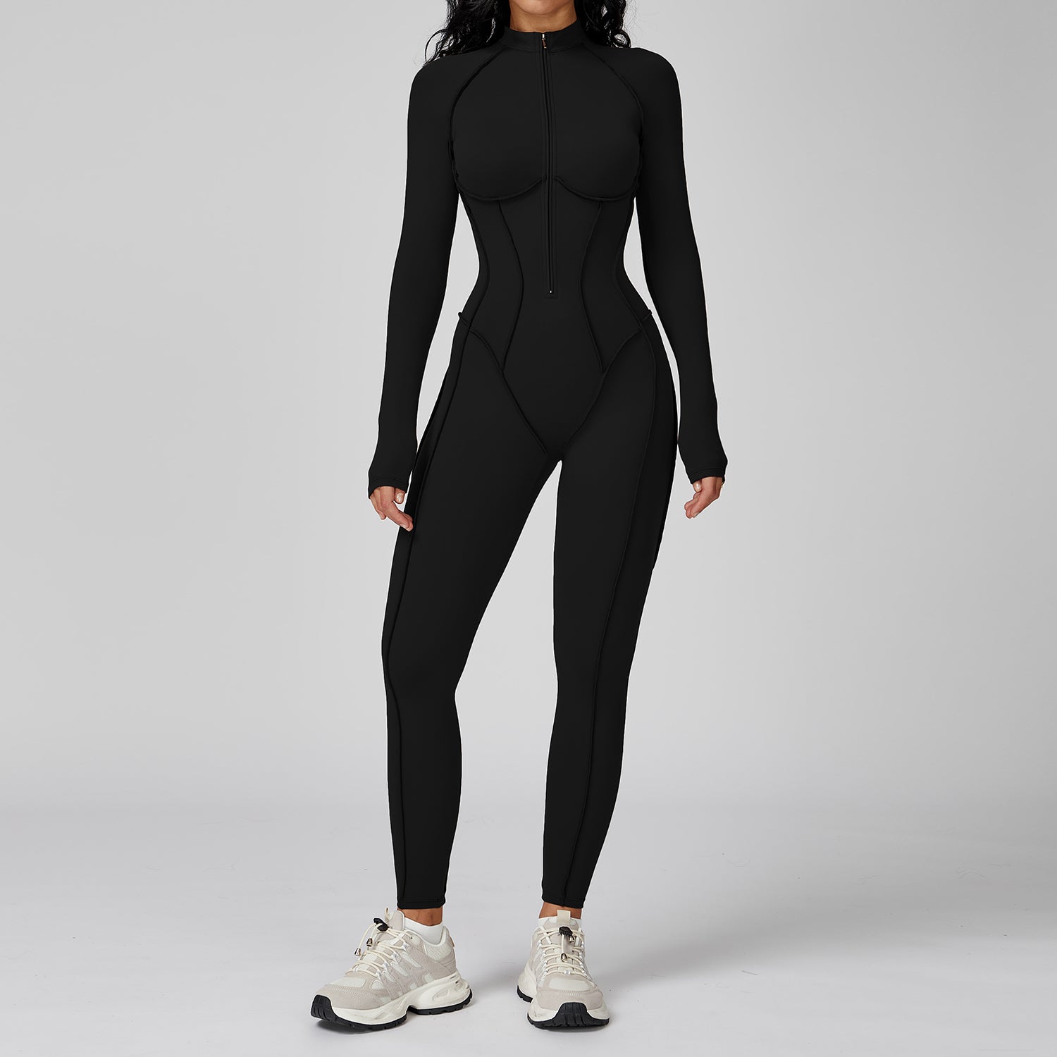 Contrast color stand collar jumpsuit half zip one-piece fitness suit women's high-intensity sports yoga suit
