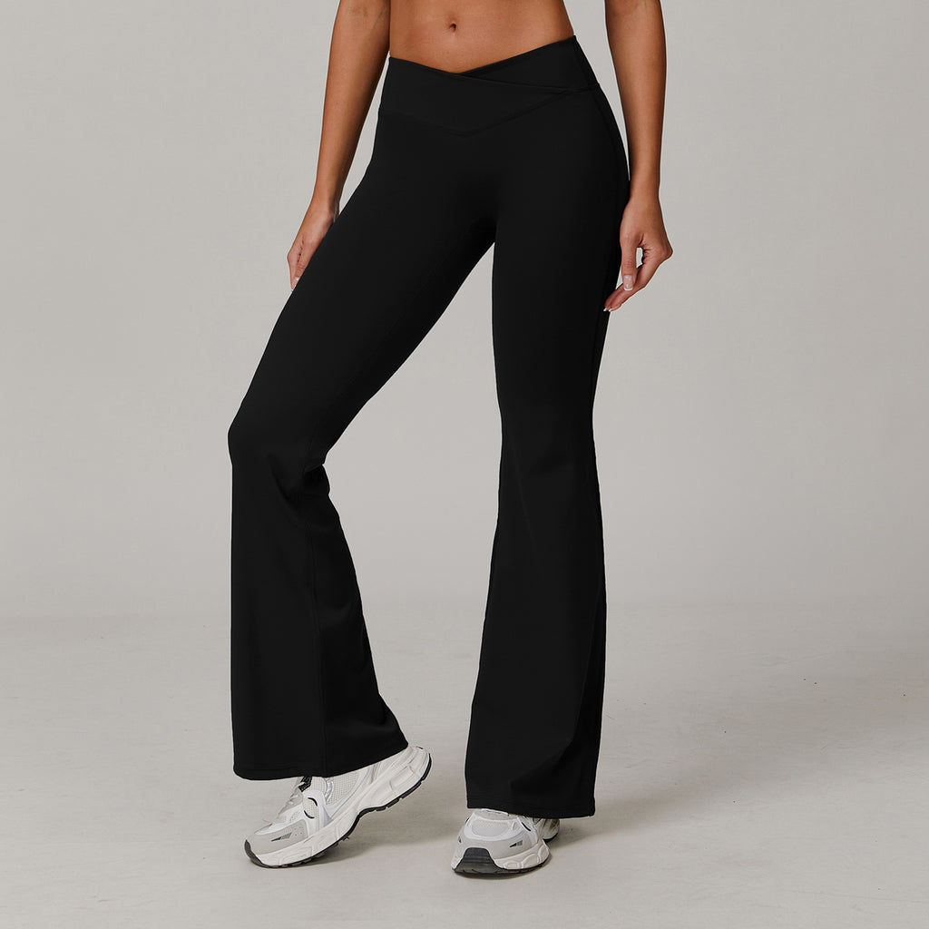 Slightly flared nude yoga pants cross high waist running sports casual tight versatile flared pants for women