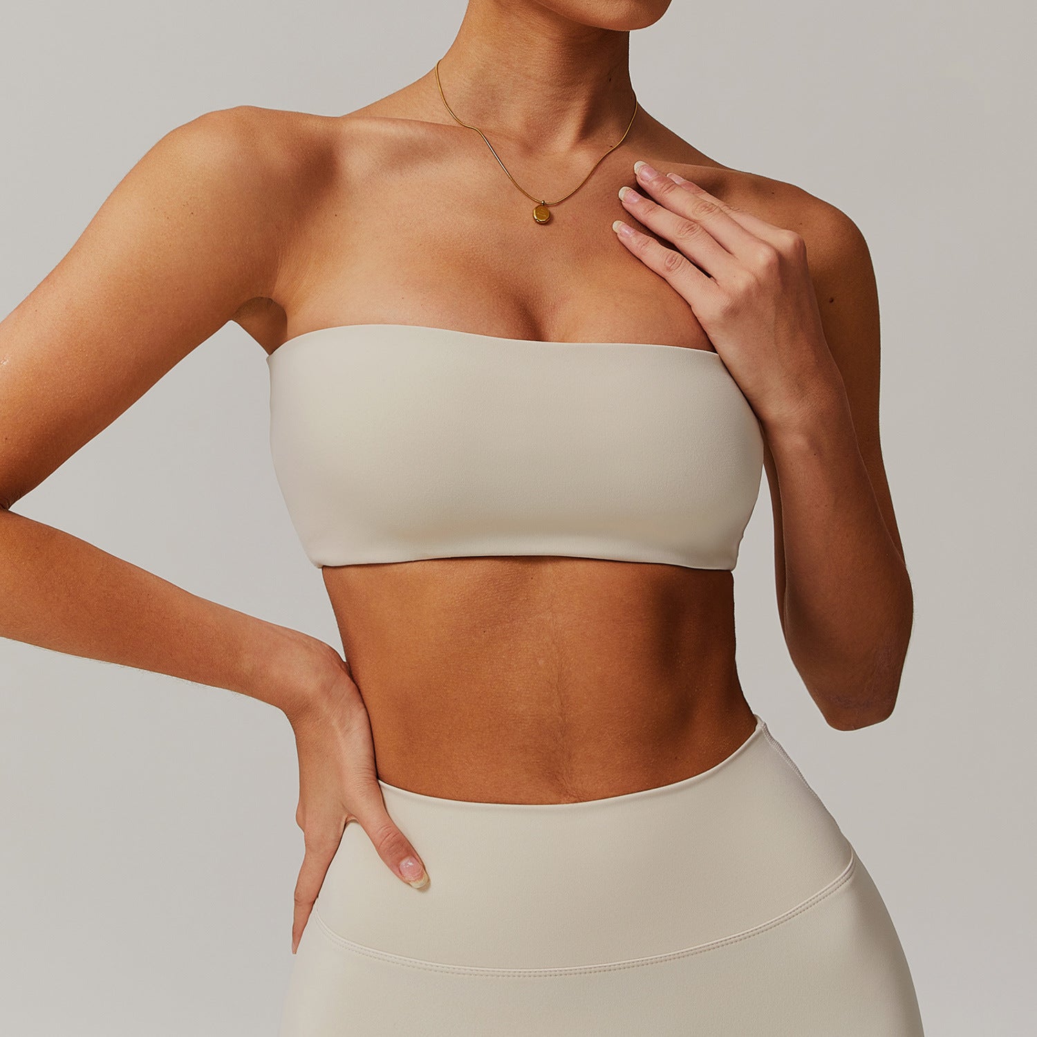 One-piece nude sports bra, anti-exposure tube top, fitness top, tight yoga wear