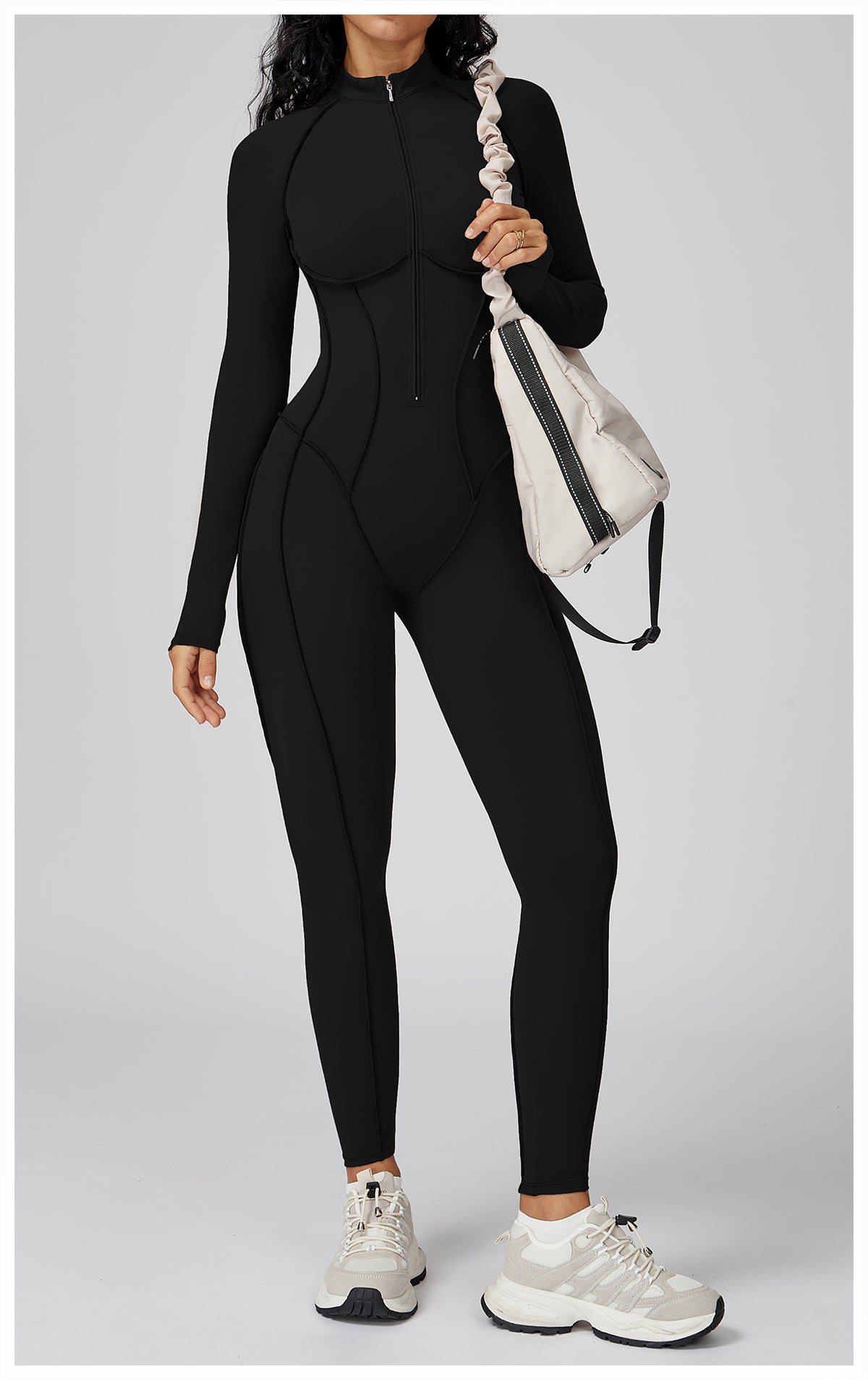 Contrast color stand collar jumpsuit half zip one-piece fitness suit women's high-intensity sports yoga suit