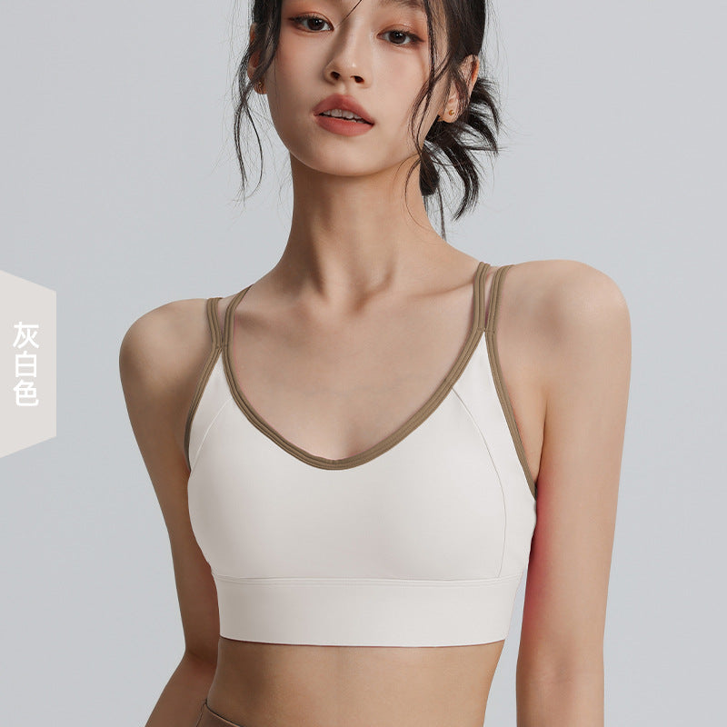 Super fairy contrast color sports bra women's fitness running shock absorption gathered sports bra quick dry outer wear summer yoga clothes