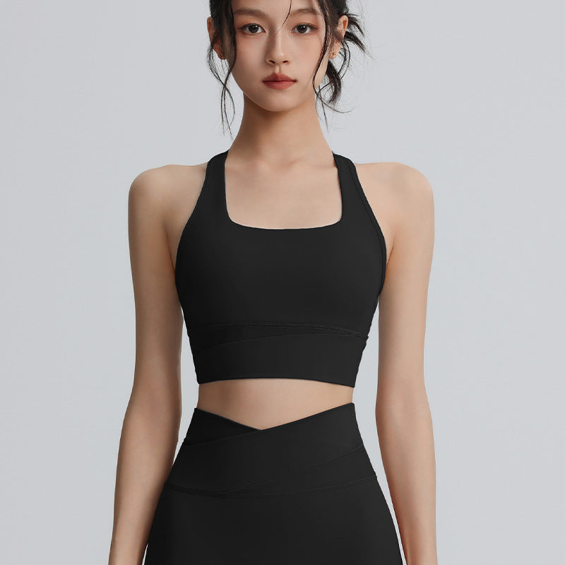 I-shaped sports bra splicing shockproof gathering yoga tops sports outdoor yoga clothes women's running sports vests