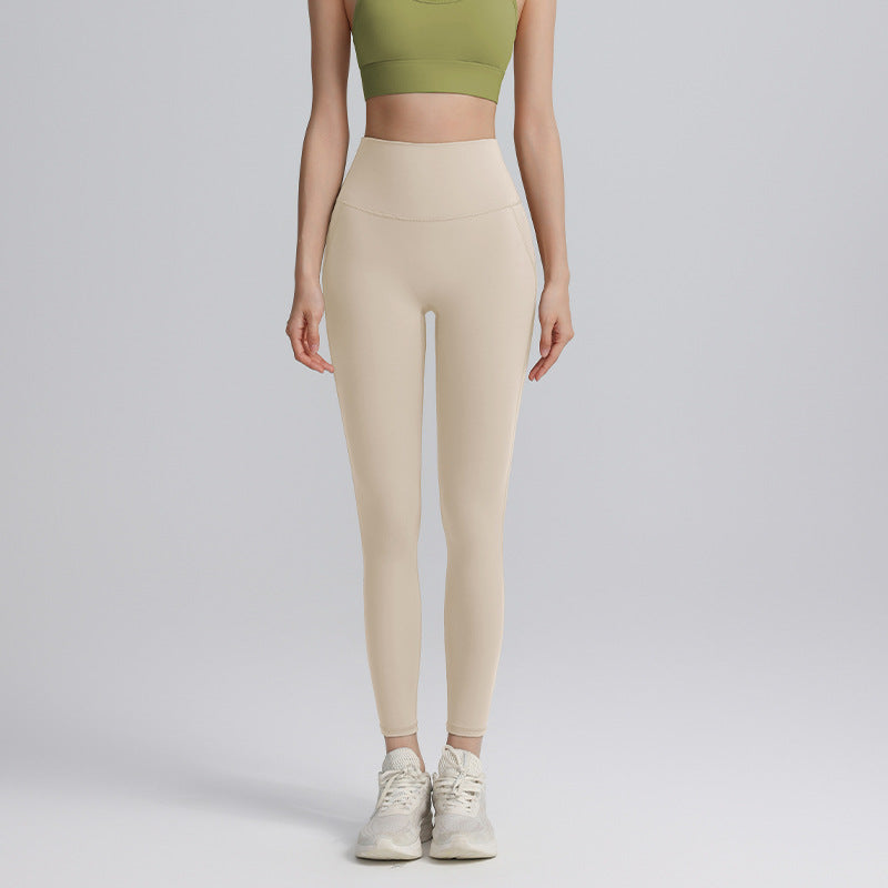 No panties, nude yoga pants, women's belts, pockets, high-waisted hip lift, abdominal tuck-in, elastic can be worn outside, sports running gym pants