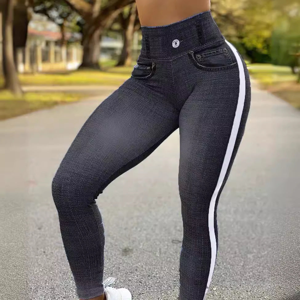 High-Waisted Denim Texture Yoga Pants with Elastic Comfort and Slimming Fit for Versatile Daily Use