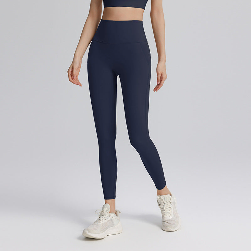 No panties, nude yoga pants, women's belts, pockets, high-waisted hip lift, abdominal tuck-in, elastic can be worn outside, sports running gym pants